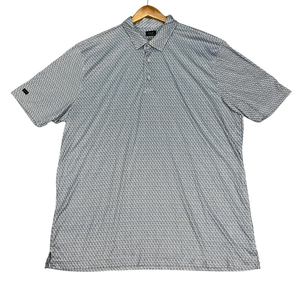 Greg Norman Polo Shirt Men XXL Blue White Geometric ML75 PlayDry Performance EUC
